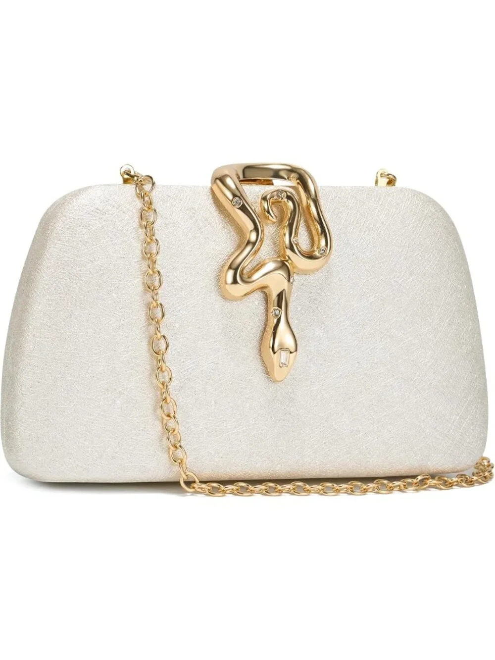 👜Women's Pearl White Pu Satin Evening Clutch Gold Snake Clasp Wedding Party Bag